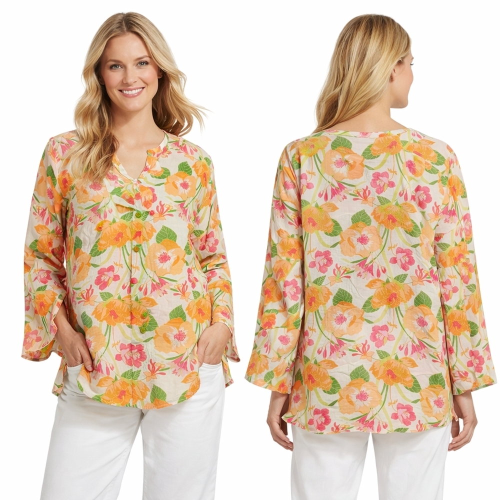 LANDS END Blouse Women Plus Size 1X Orange Pink 100% Linen Floral Resort Coastal